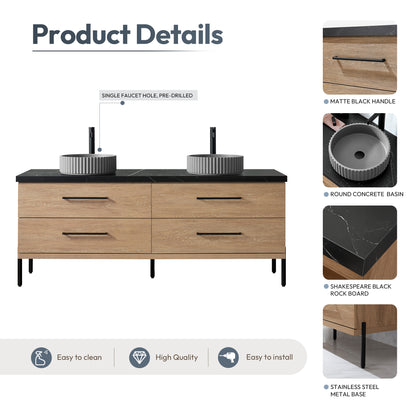 Trento 72B" Double Sink Bath Vanity in North American Oak with Black Sintered Stone Top and Circular Concrete Sink
