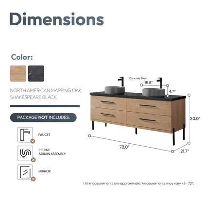 Trento 72B" Double Sink Bath Vanity in North American Oak with Black Sintered Stone Top and Circular Concrete Sink