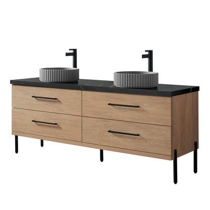 Trento 72B" Double Sink Bath Vanity in North American Oak with Black Sintered Stone Top and Circular Concrete Sink