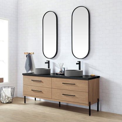Trento 72B" Double Sink Bath Vanity in North American Oak with Black Sintered Stone Top and Circular Concrete Sink