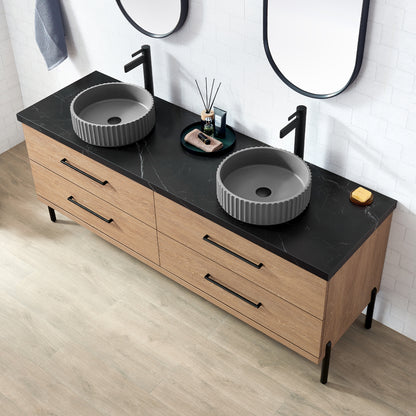 Trento 72B" Double Sink Bath Vanity in North American Oak with Black Sintered Stone Top and Circular Concrete Sink