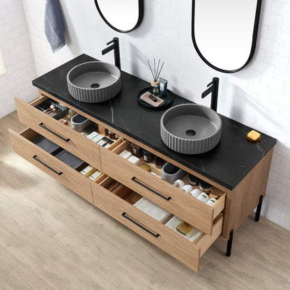 Trento 72B" Double Sink Bath Vanity in North American Oak with Black Sintered Stone Top and Circular Concrete Sink