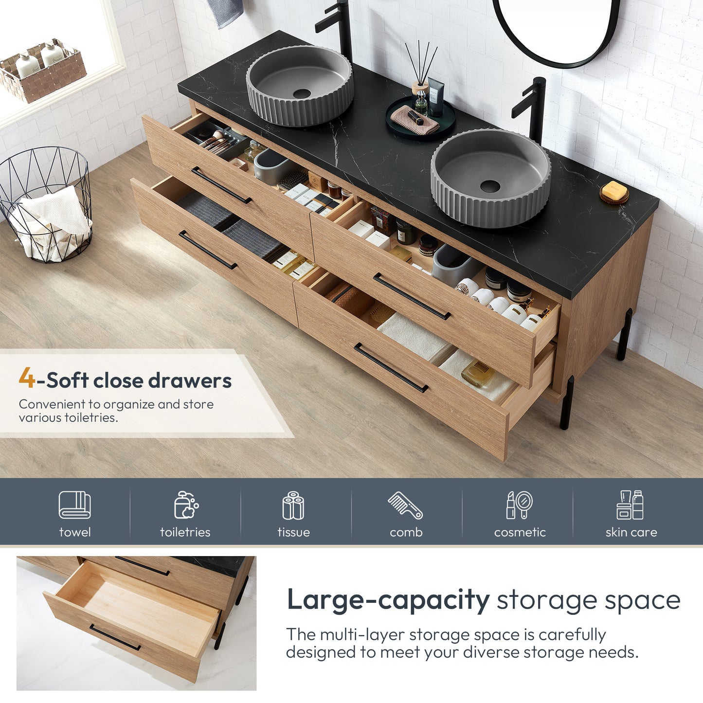 Trento 72B" Double Sink Bath Vanity in North American Oak with Black Sintered Stone Top and Circular Concrete Sink