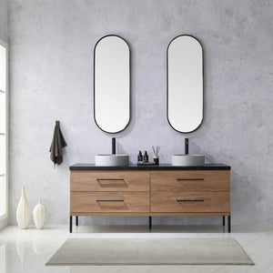 Open image in slideshow, Trento 72&quot; Double Vanity in North American Oak with Black Sintered Stone Top with Circular Concrete Sink
