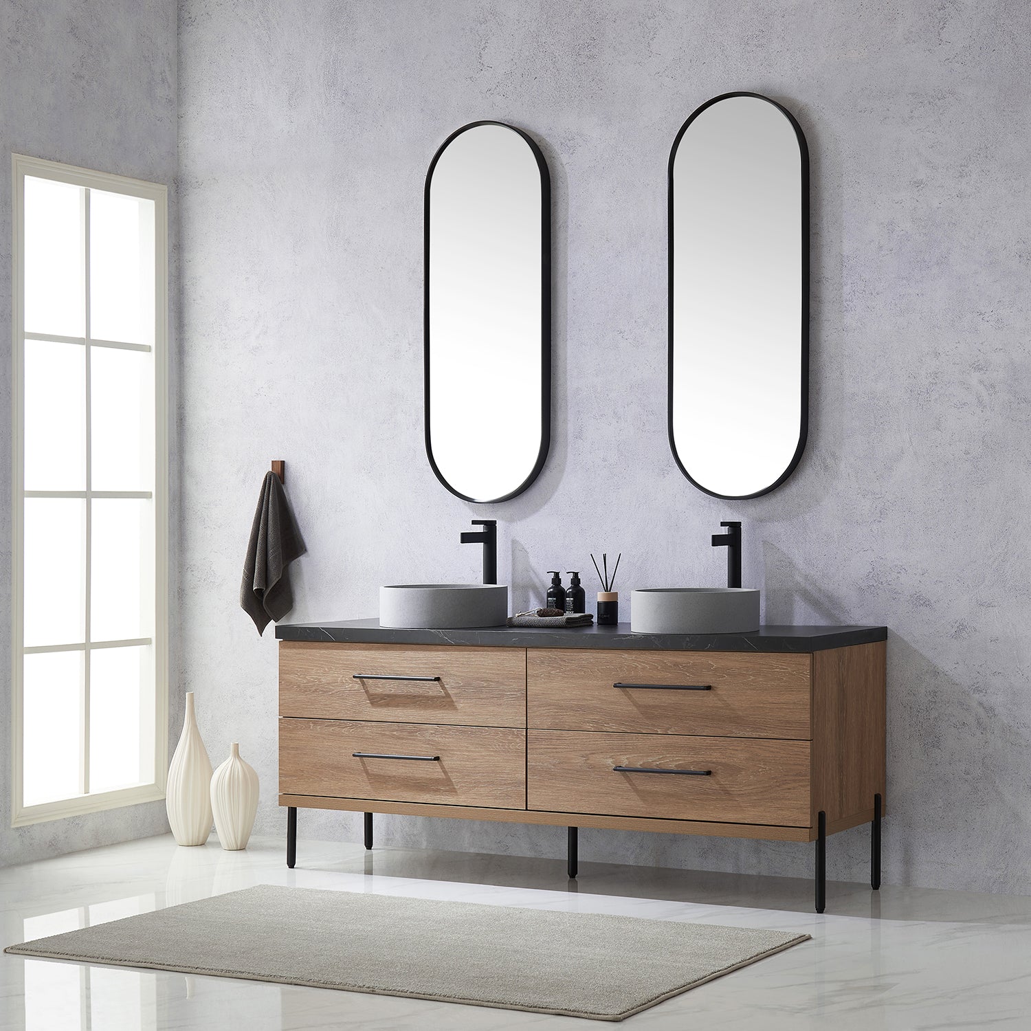 Trento 72" Double Vanity in North American Oak with Black Sintered Stone Top with Circular Concrete Sink