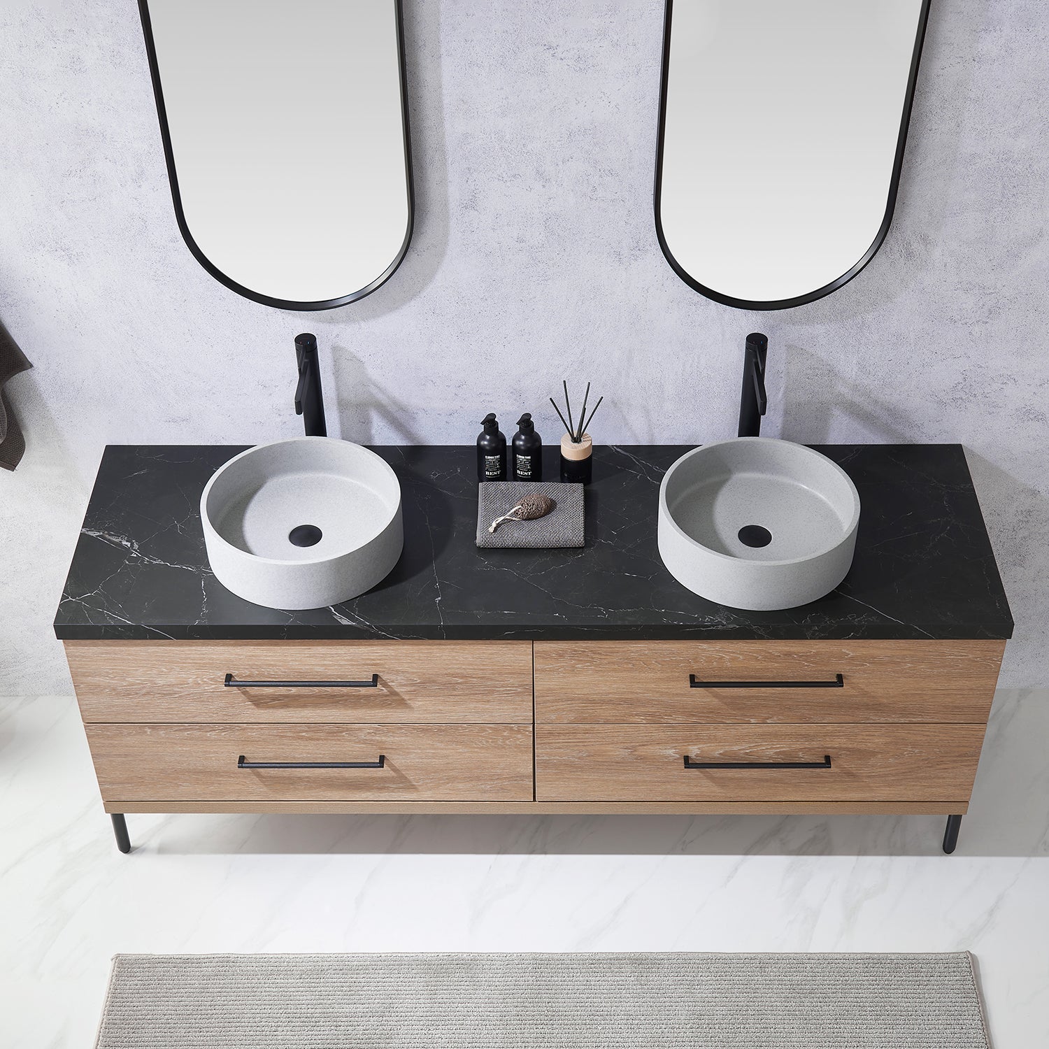 Trento 72" Double Vanity in North American Oak with Black Sintered Stone Top with Circular Concrete Sink