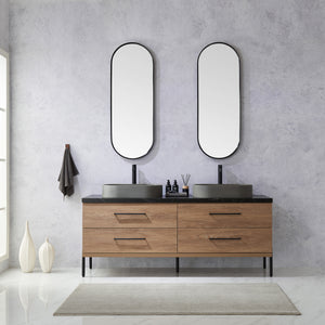 Open image in slideshow, Trento 72&quot; Double Vanity in North American Oak with Black Sintered Stone Top with Oval Concrete Sink
