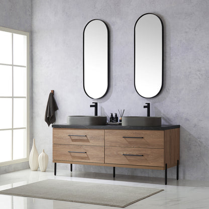 Trento 72" Double Vanity in North American Oak with Black Sintered Stone Top with Oval Concrete Sink