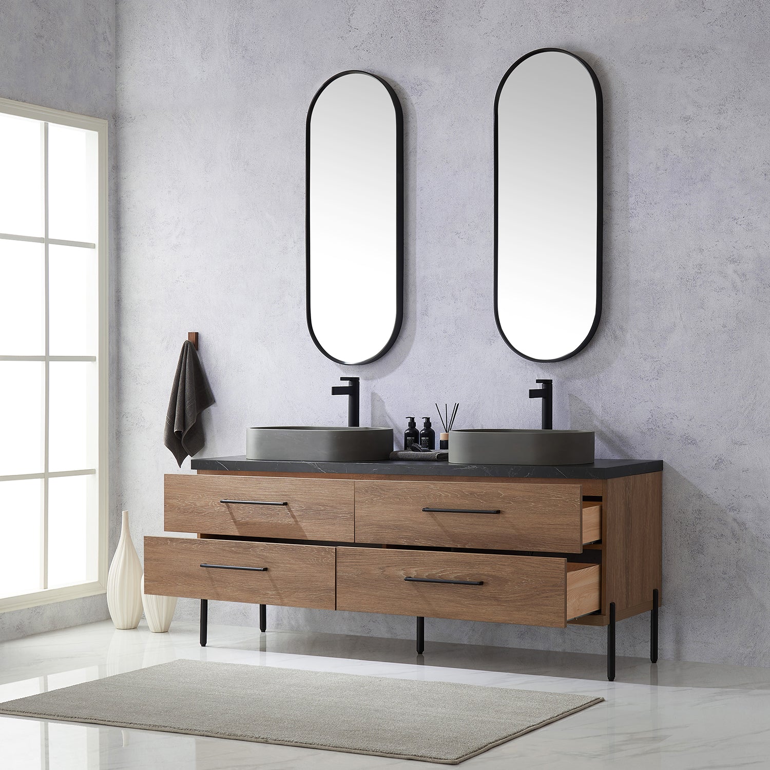 Trento 72" Double Vanity in North American Oak with Black Sintered Stone Top with Oval Concrete Sink