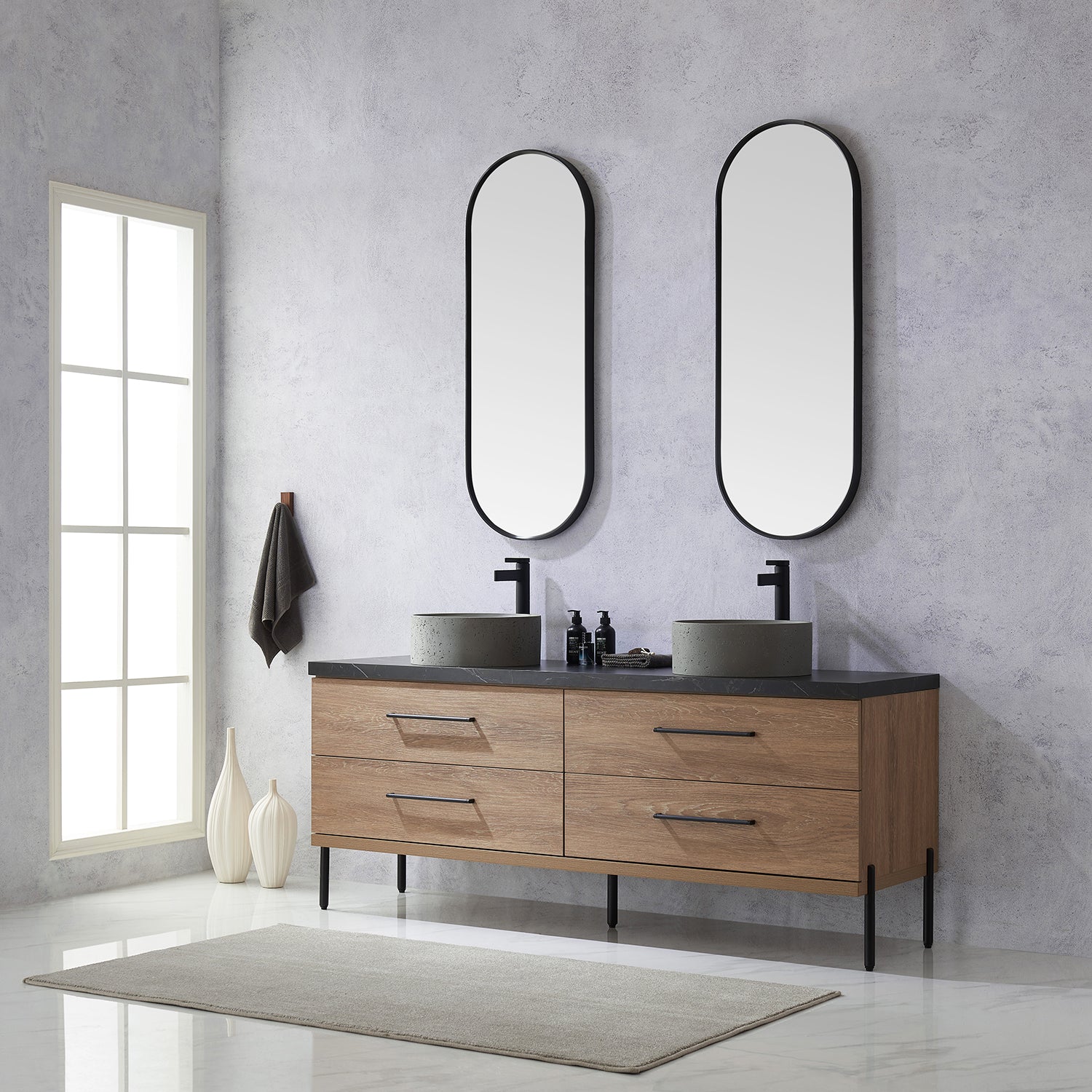 Trento 72" Double Vanity in North American Oak with Black Sintered Stone Top with Natural Circular Concrete Sink