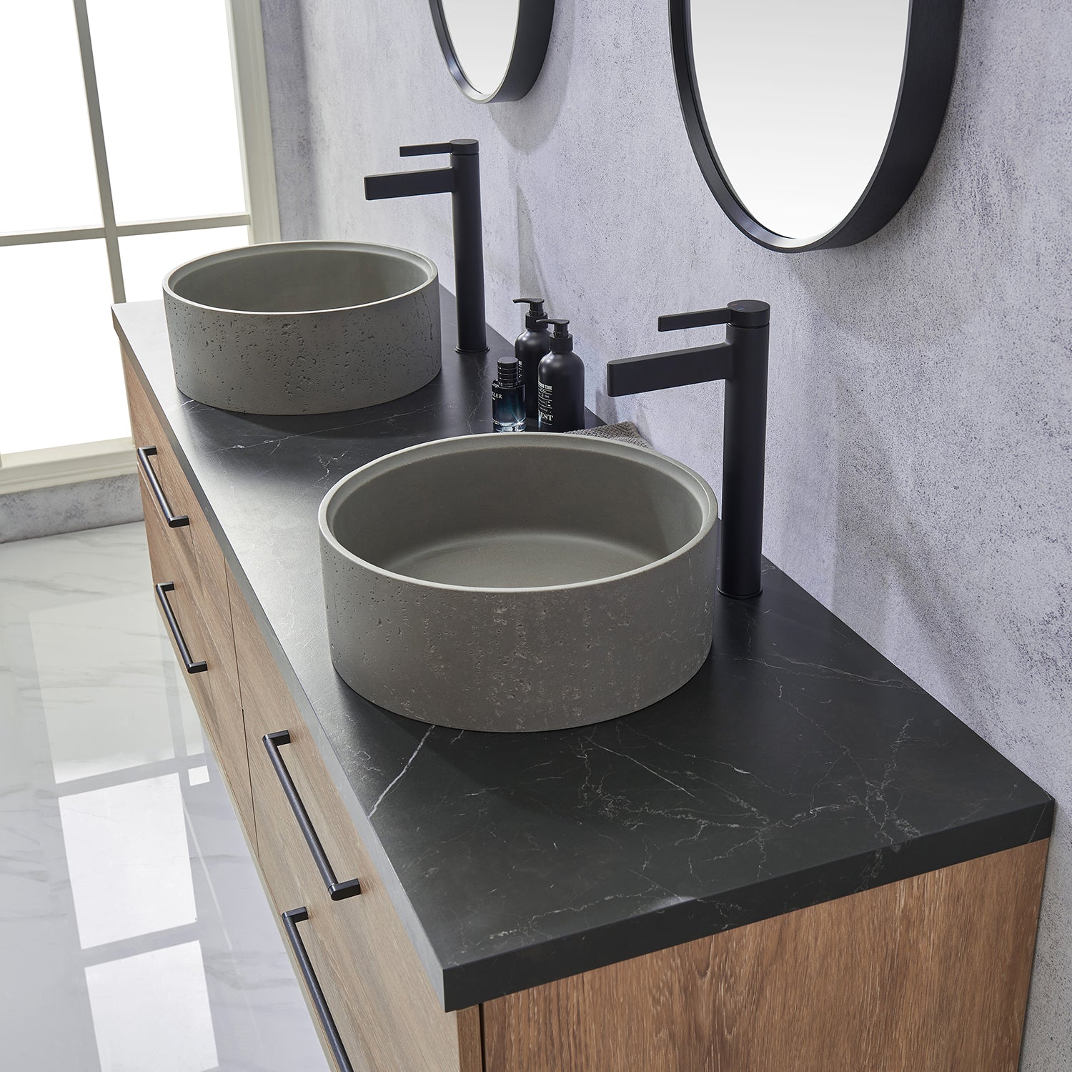 Trento 72" Double Vanity in North American Oak with Black Sintered Stone Top with Natural Circular Concrete Sink