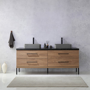 Open image in slideshow, Trento 72&quot; Double Vanity in North American Oak with Black Sintered Stone Top with Rectangular Concrete Sink
