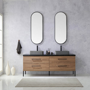Open image in slideshow, Trento 72&quot; Double Vanity in North American Oak with Black Sintered Stone Top with Rectangular Concrete Sink
