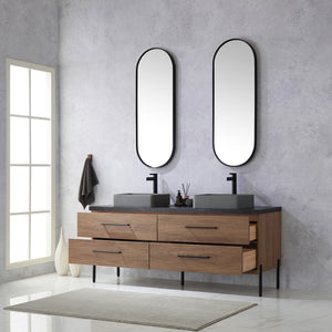 Trento 72" Double Vanity in North American Oak with Black Sintered Stone Top with Rectangular Concrete Sink