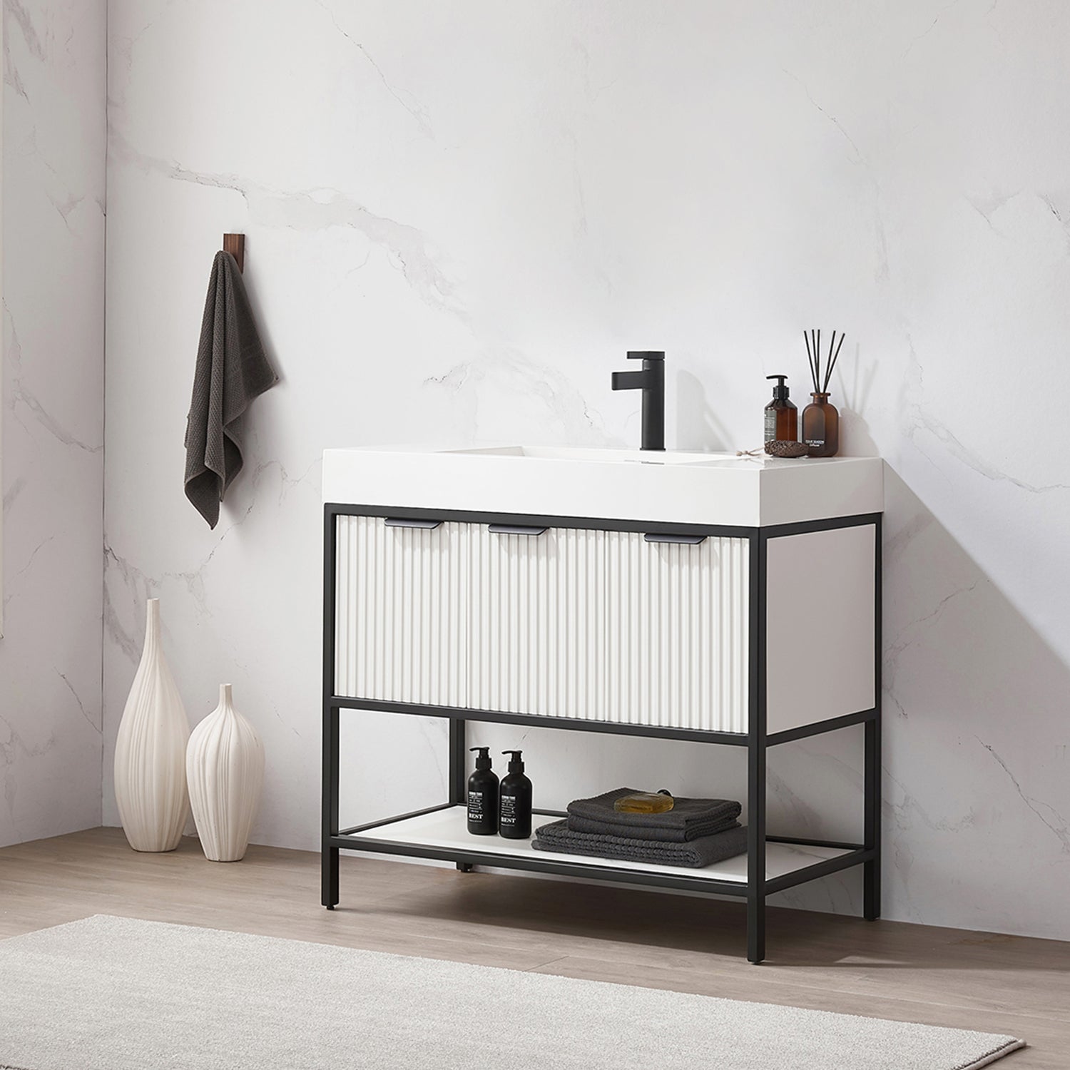 Marcilla 36" Single Sink Bath Vanity in White with One-Piece Composite Stone Sink Top