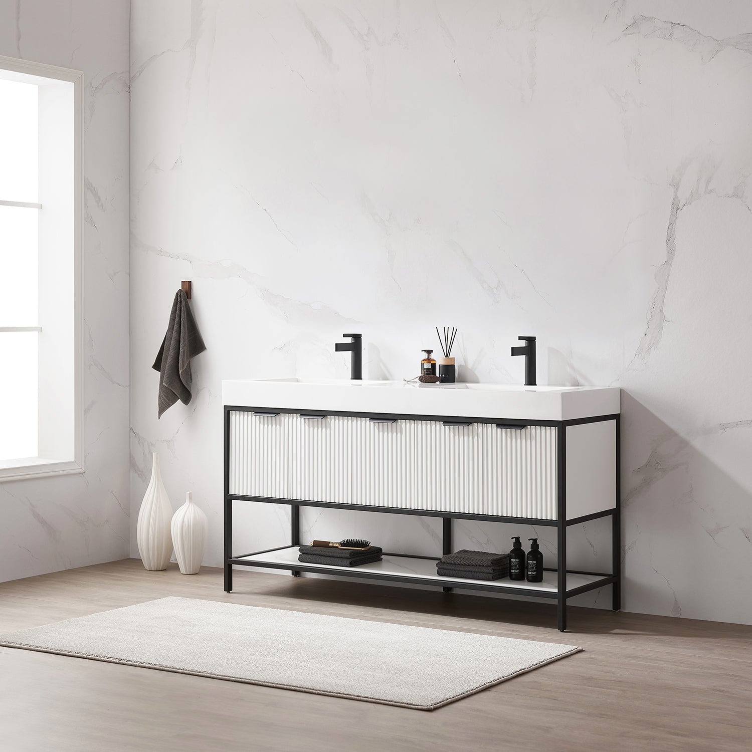 Marcilla 60" Single Sink Bath Vanity in White with One-Piece Composite Stone Sink Top