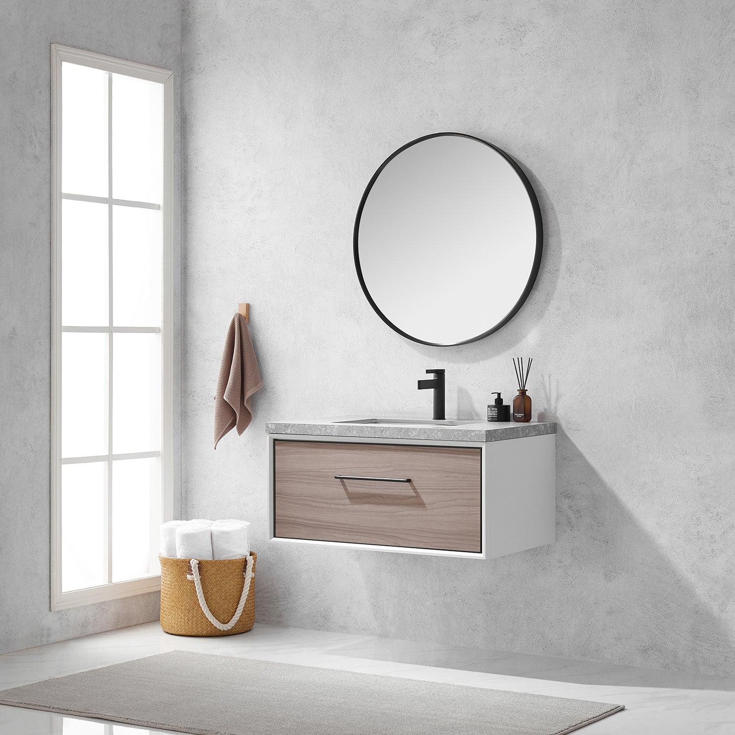 Caparroso 36" Single Sink Bath Vanity in Light Walnut with Grey Sintered Stone Top