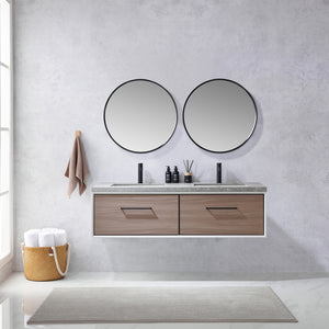 Open image in slideshow, Caparroso 60&quot; Double Sink Bath Vanity in Light Walnut with Grey Sintered Stone Top
