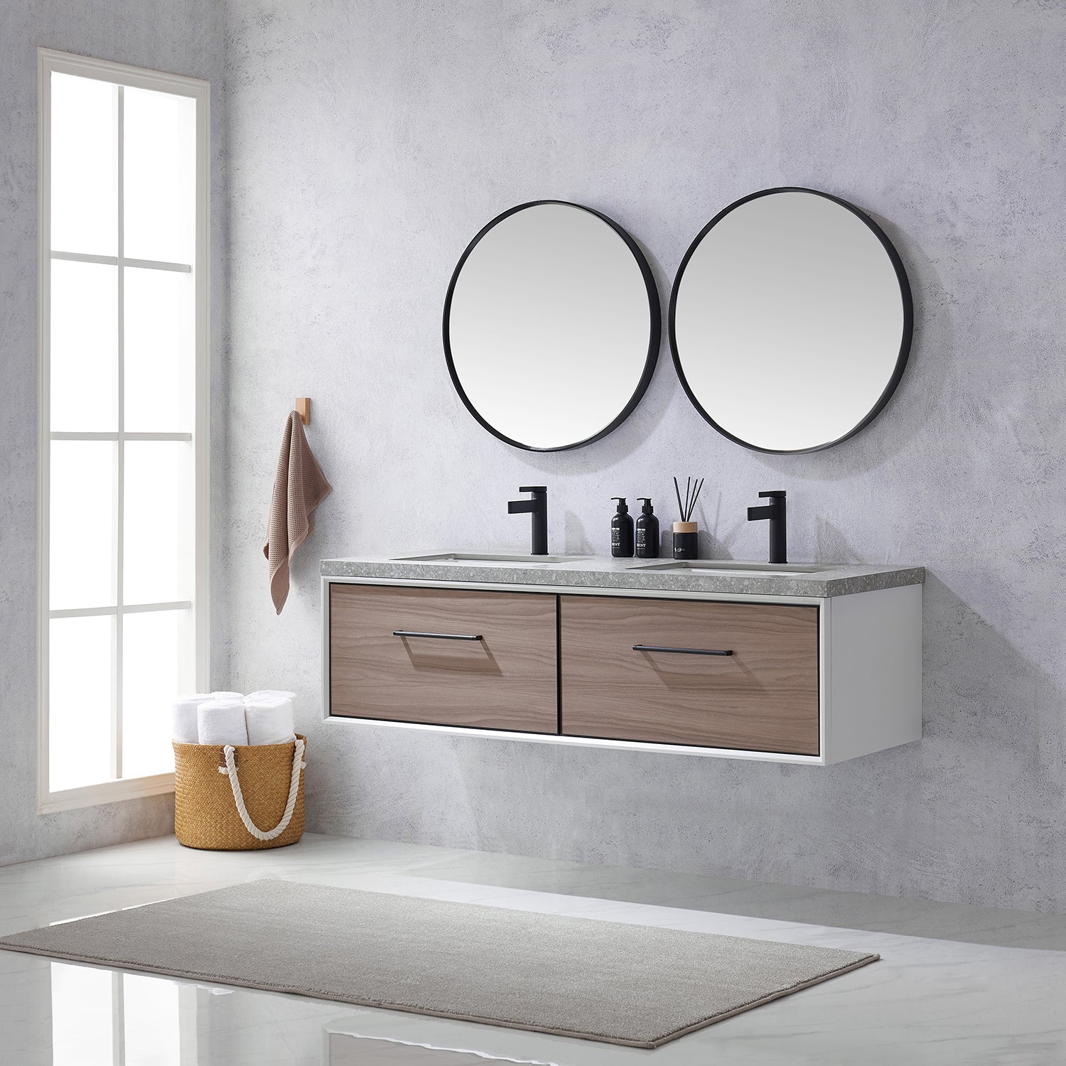 Caparroso 60" Double Sink Bath Vanity in Light Walnut with Grey Sintered Stone Top