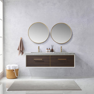 Open image in slideshow, Caparroso 60&quot; Double Sink Bath Vanity in Dark Walnut  with Grey Sintered Stone Top
