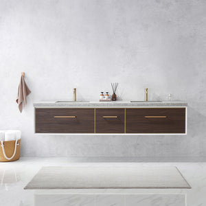Open image in slideshow, Caparroso 84&quot; Double Sink Bath Vanity in Dark Walnut  with Grey Sintered Stone Top
