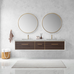 Open image in slideshow, Caparroso 84&quot; Double Sink Bath Vanity in Dark Walnut  with Grey Sintered Stone Top

