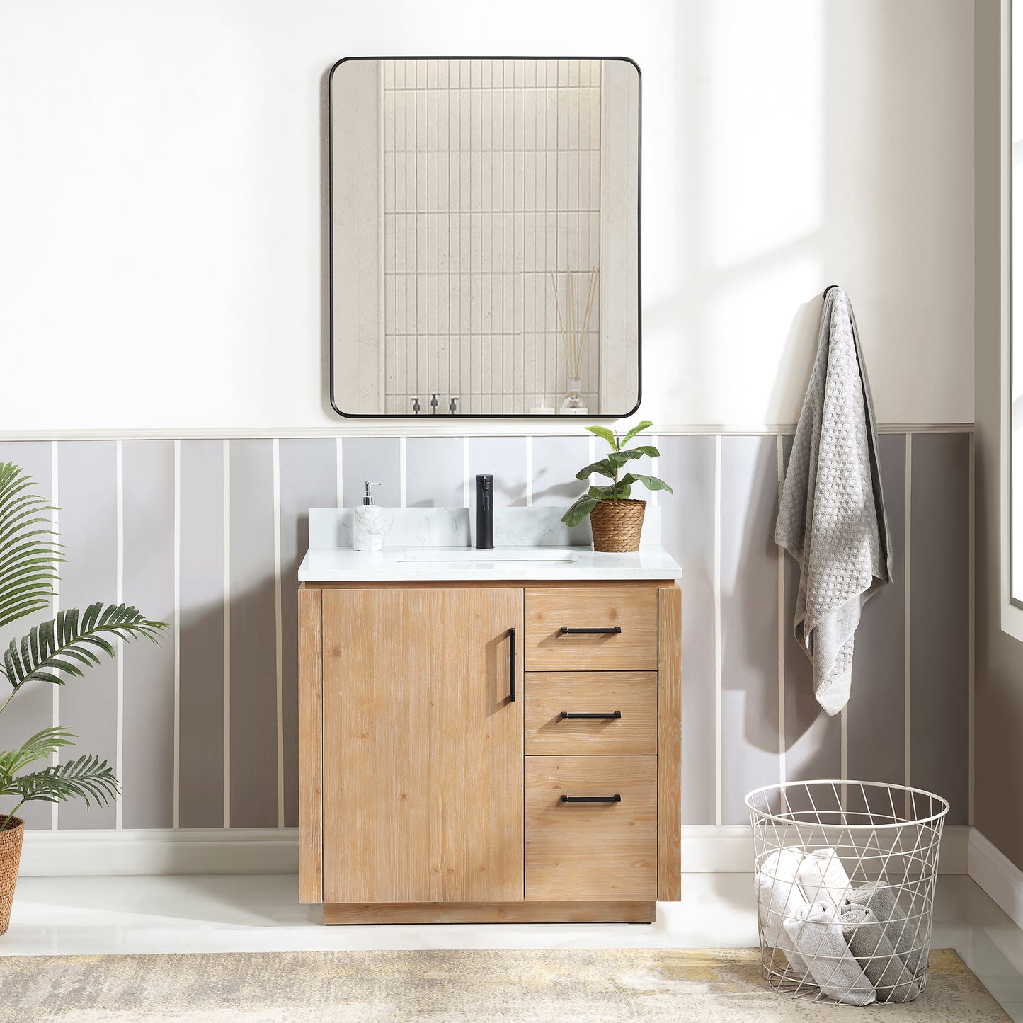 San 36" Free-standing Single Bath Vanity in Fir Wood Brown with White Grain Composite Stone Top