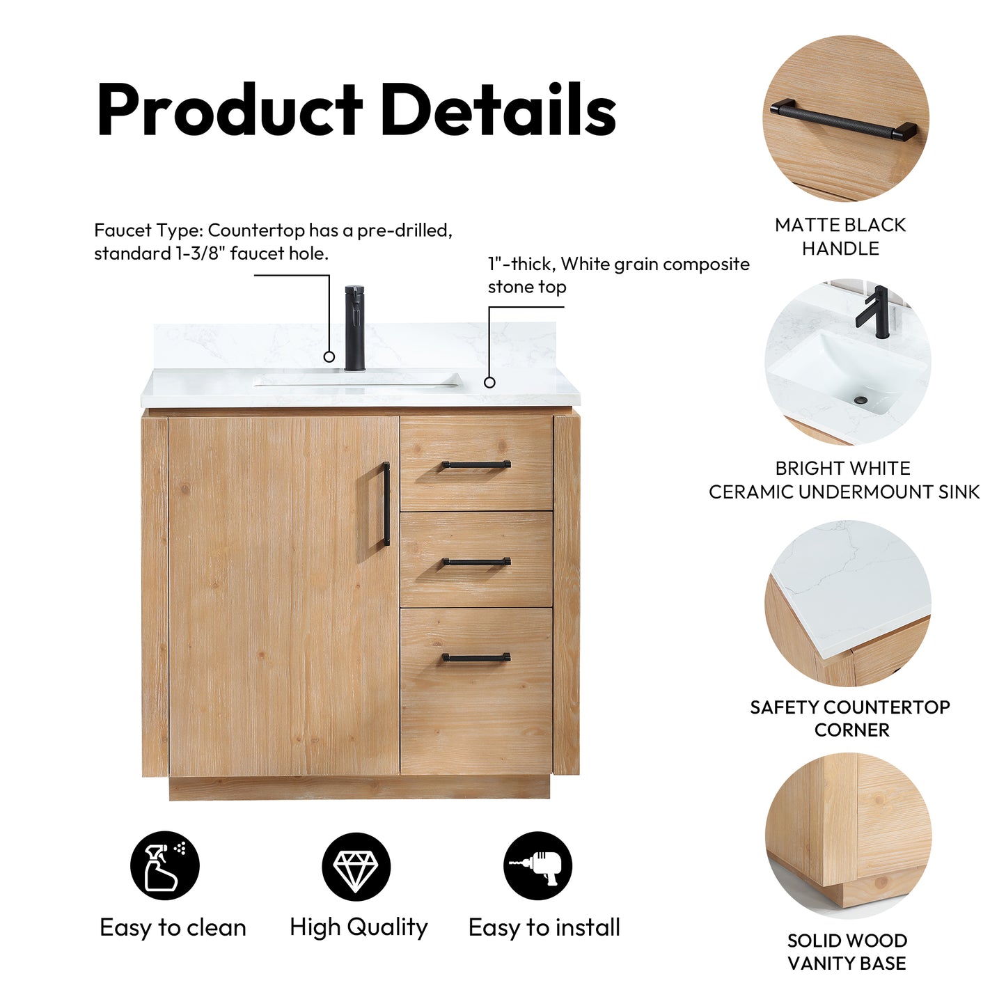 San 36" Free-standing Single Bath Vanity in Fir Wood Brown with White Grain Composite Stone Top