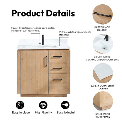 San 36" Free-standing Single Bath Vanity in Fir Wood Brown with White Grain Composite Stone Top