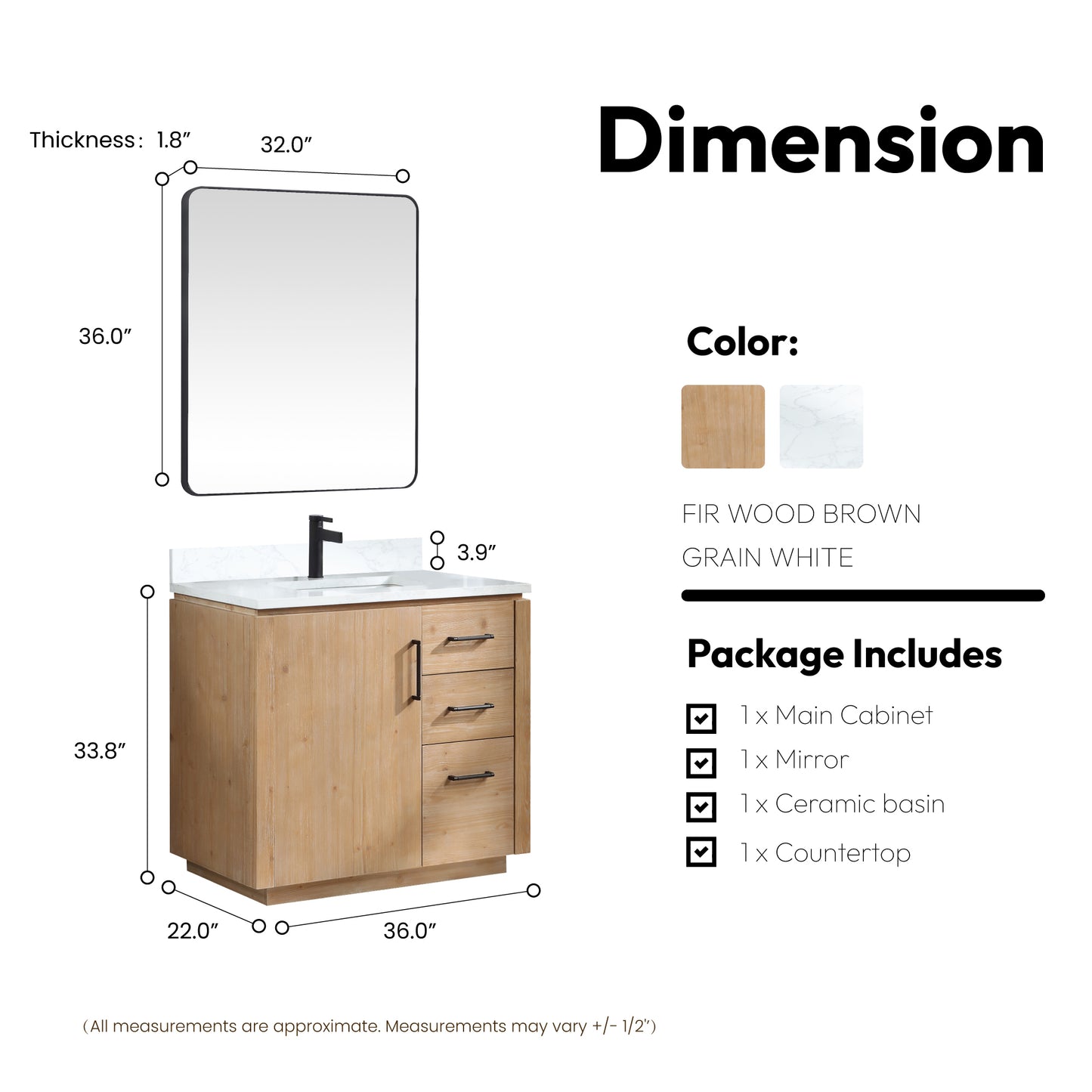 San 36" Free-standing Single Bath Vanity in Fir Wood Brown with White Grain Composite Stone Top