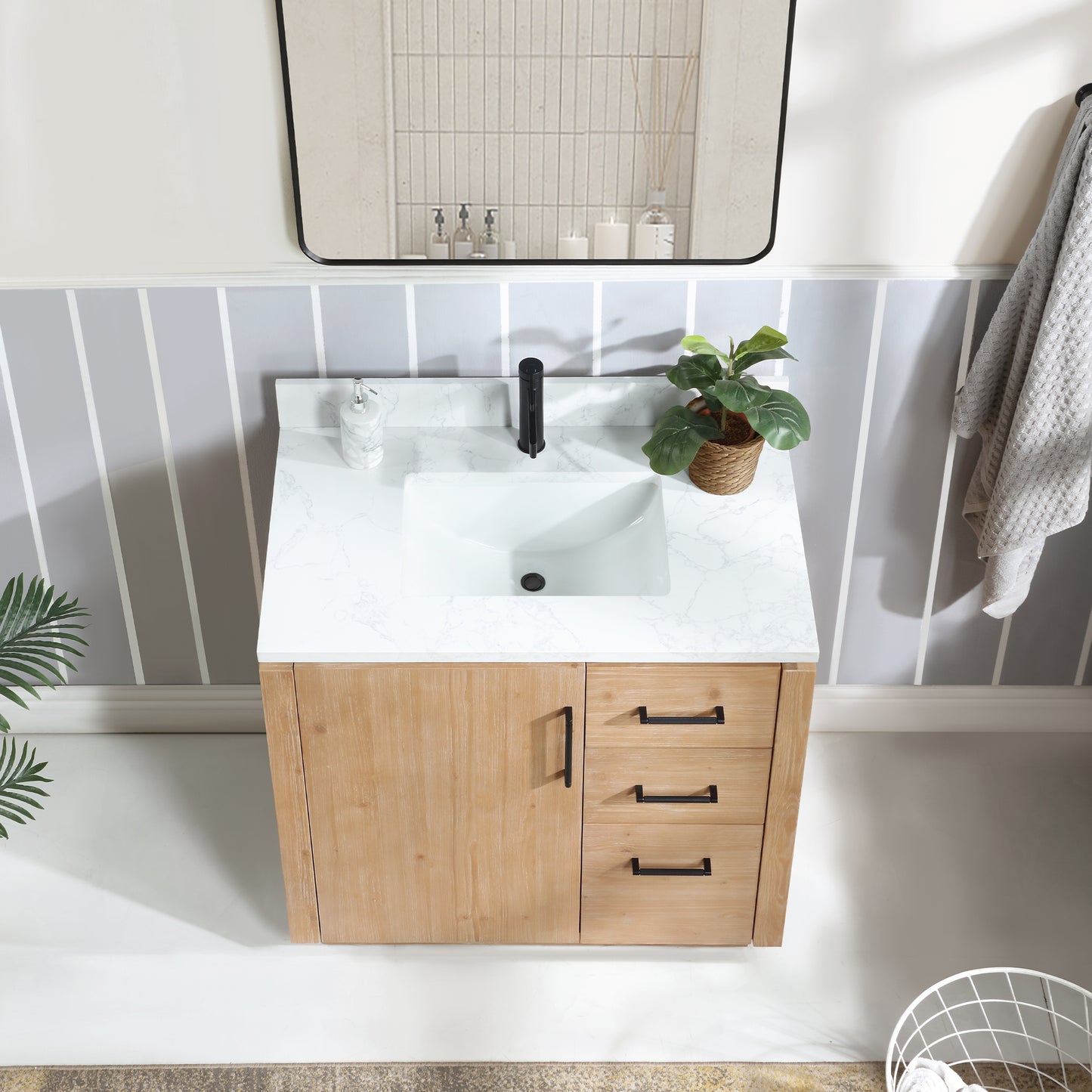 San 36" Free-standing Single Bath Vanity in Fir Wood Brown with White Grain Composite Stone Top