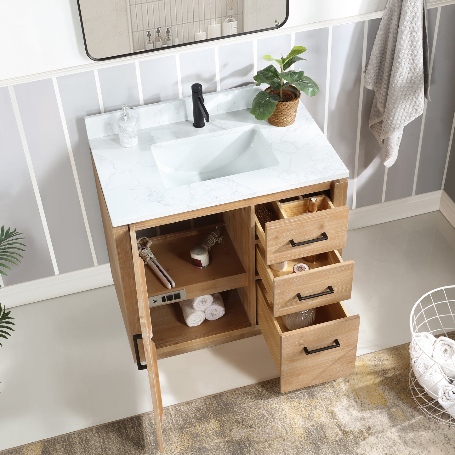 San 36" Free-standing Single Bath Vanity in Fir Wood Brown with White Grain Composite Stone Top