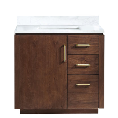 San 36" Free-standing Single Bath Vanity in Natural Walnut with White Grain Composite Stone Top
