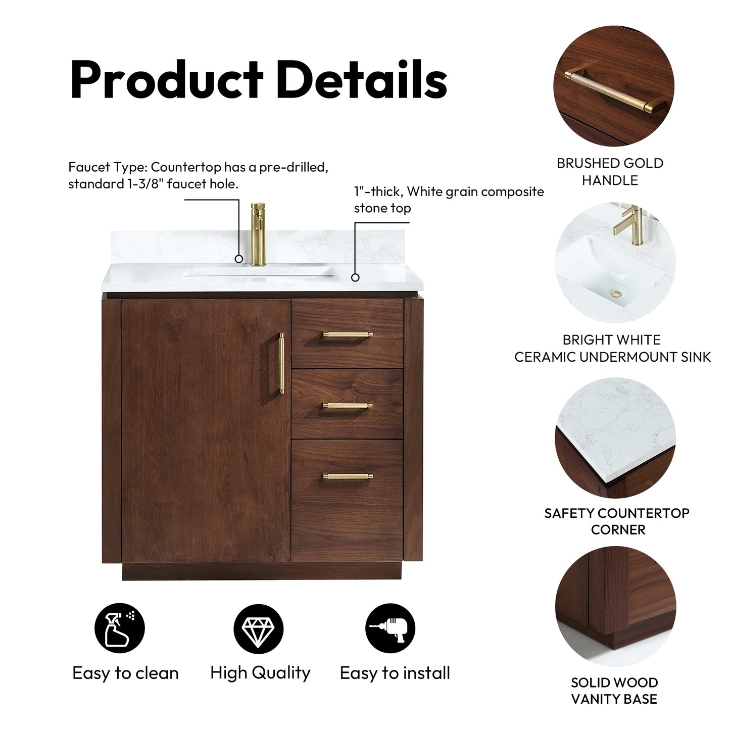San 36" Free-standing Single Bath Vanity in Natural Walnut with White Grain Composite Stone Top
