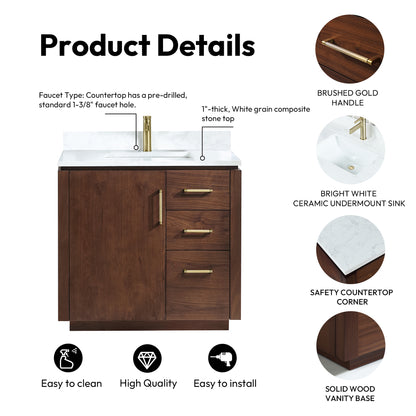 San 36" Free-standing Single Bath Vanity in Natural Walnut with White Grain Composite Stone Top