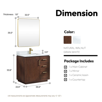 San 36" Free-standing Single Bath Vanity in Natural Walnut with White Grain Composite Stone Top