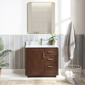 Open image in slideshow, San 36&quot; Free-standing Single Bath Vanity in Natural Walnut with White Grain Composite Stone Top
