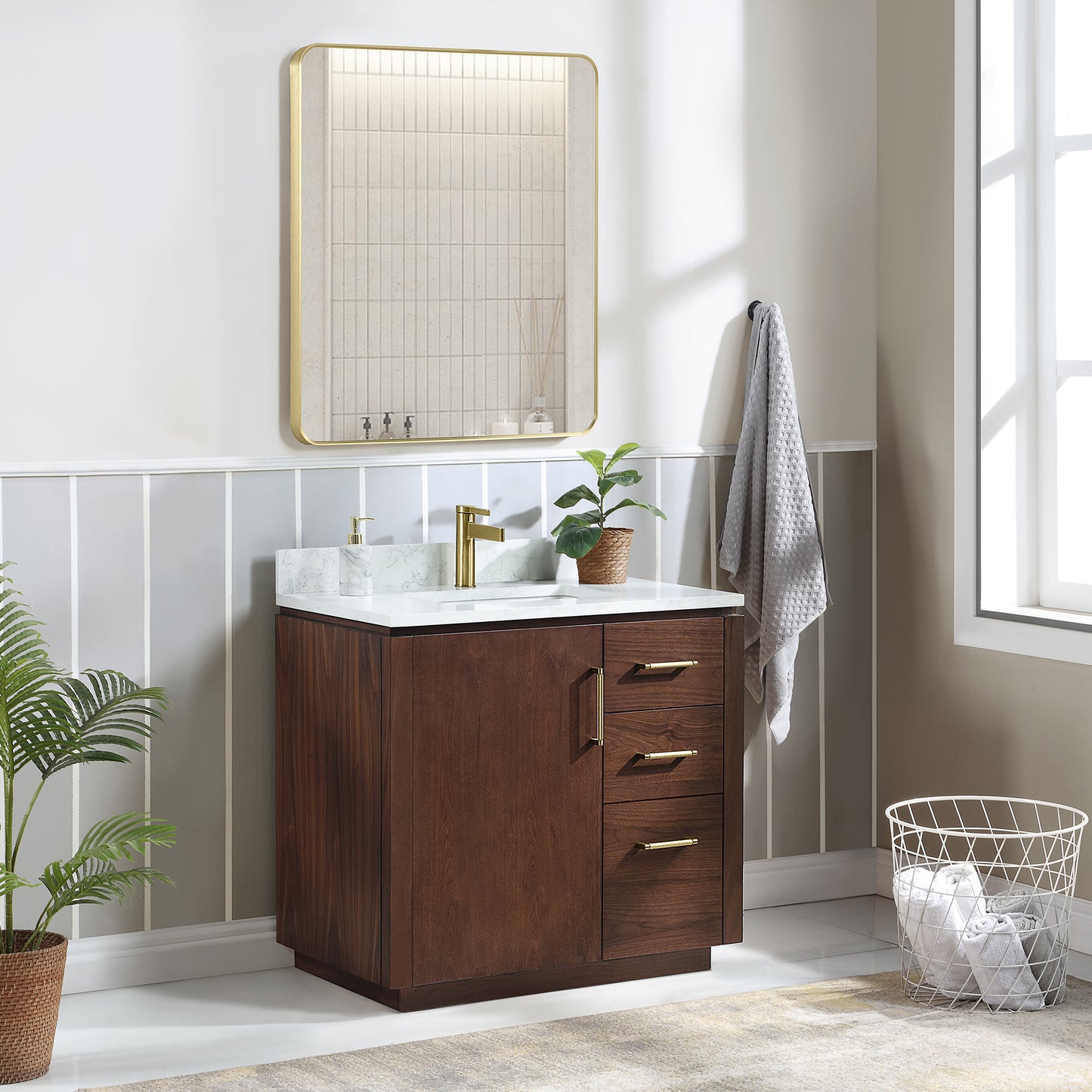 San 36" Free-standing Single Bath Vanity in Natural Walnut with White Grain Composite Stone Top