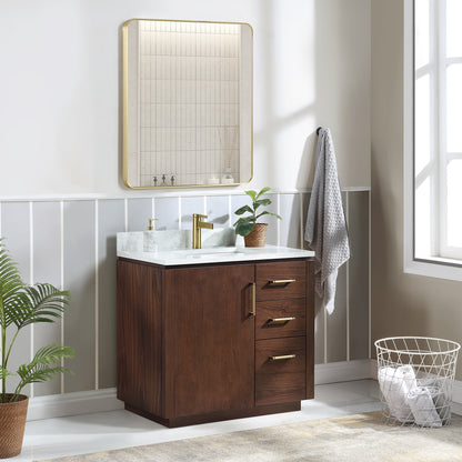 San 36" Free-standing Single Bath Vanity in Natural Walnut with White Grain Composite Stone Top