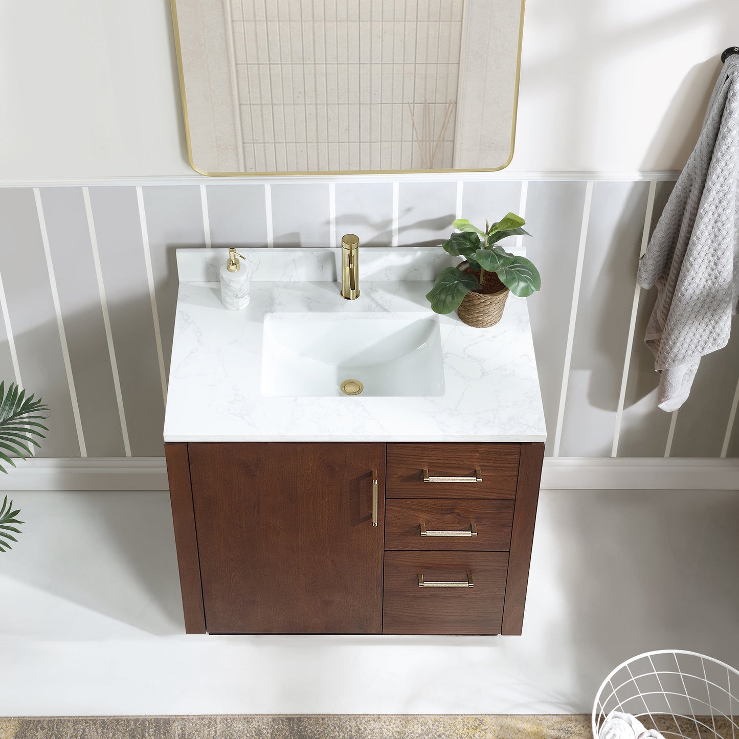 San 36" Free-standing Single Bath Vanity in Natural Walnut with White Grain Composite Stone Top