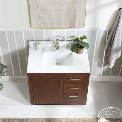 San 36" Free-standing Single Bath Vanity in Natural Walnut with White Grain Composite Stone Top