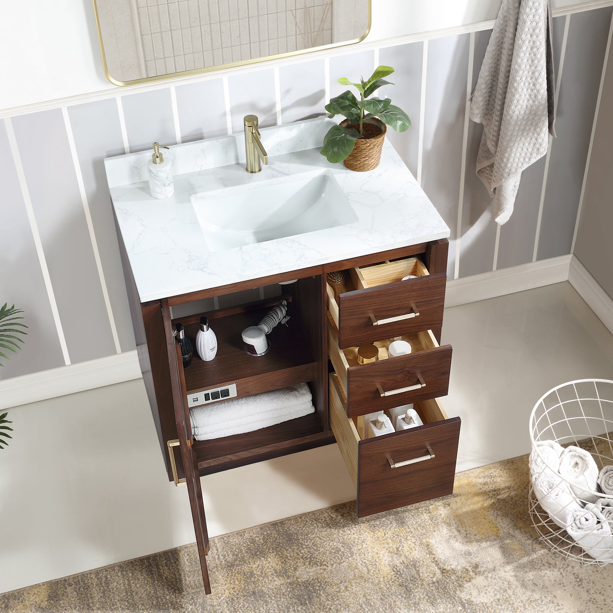 San 36" Free-standing Single Bath Vanity in Natural Walnut with White Grain Composite Stone Top
