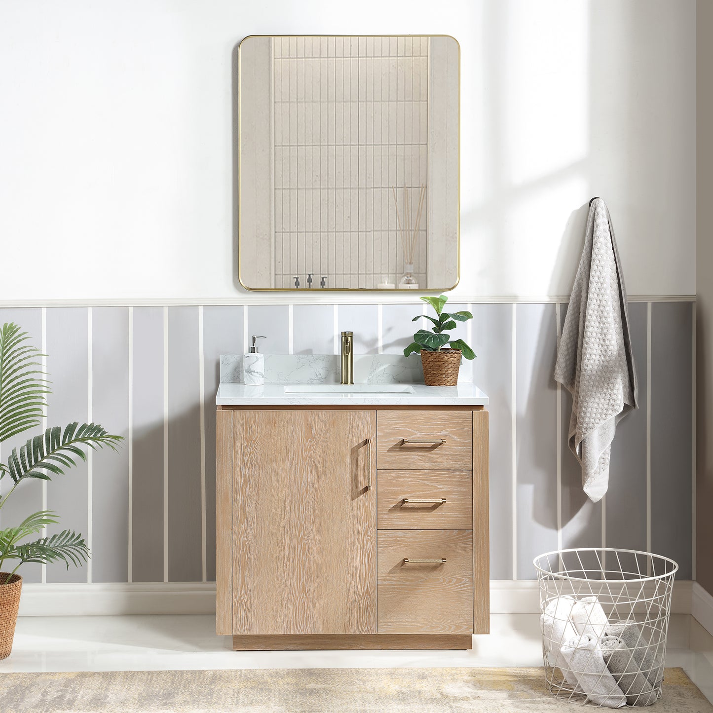 San 36" Free-standing Single Bath Vanity in Washed Ash Grey with White Grain Composite Stone Top