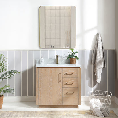 San 36" Free-standing Single Bath Vanity in Washed Ash Grey with White Grain Composite Stone Top