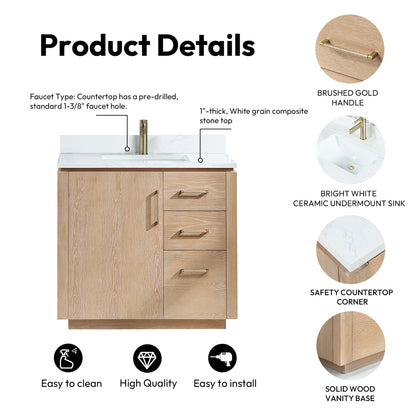 San 36" Free-standing Single Bath Vanity in Washed Ash Grey with White Grain Composite Stone Top