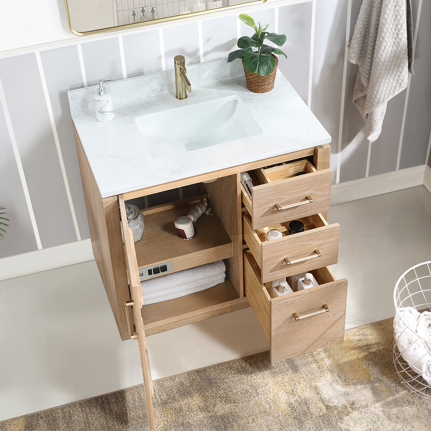 San 36" Free-standing Single Bath Vanity in Washed Ash Grey with White Grain Composite Stone Top