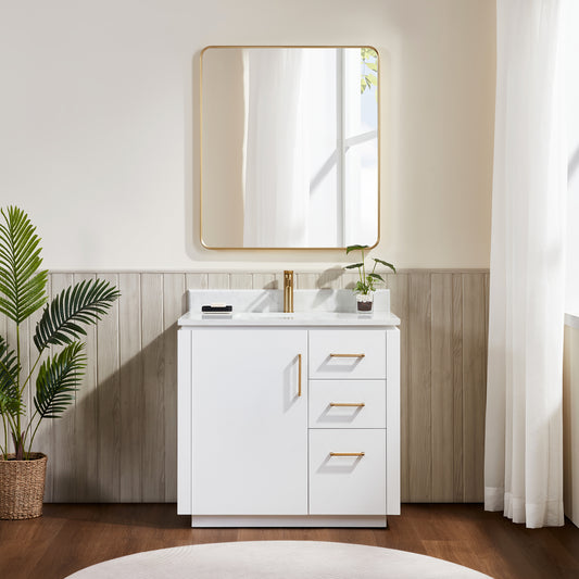 San 36" Free-standing Single Bath Vanity in White with White Grain Composite Stone Top