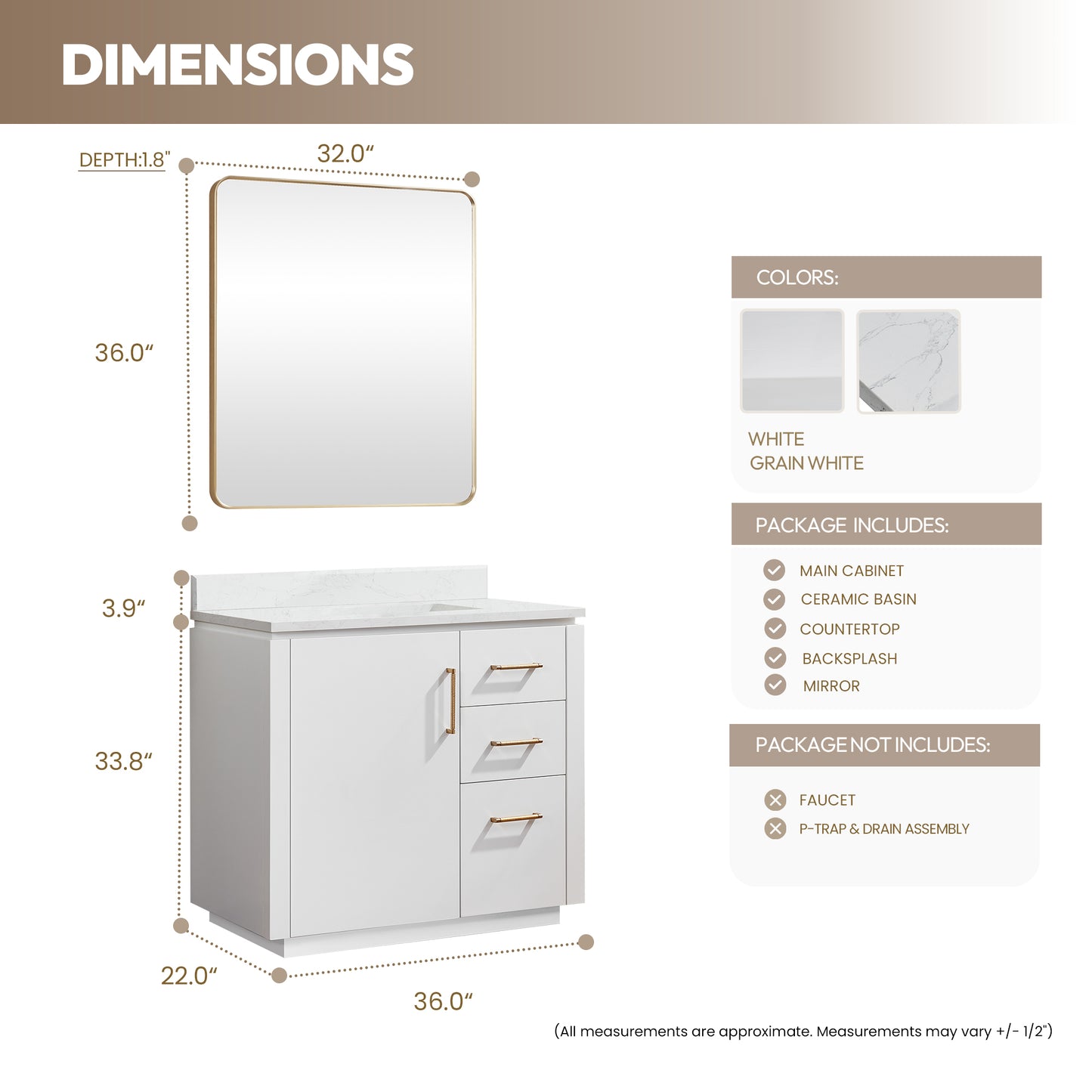 San 36" Free-standing Single Bath Vanity in White with White Grain Composite Stone Top