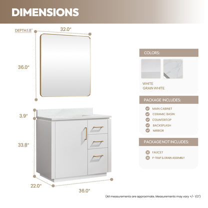 San 36" Free-standing Single Bath Vanity in White with White Grain Composite Stone Top