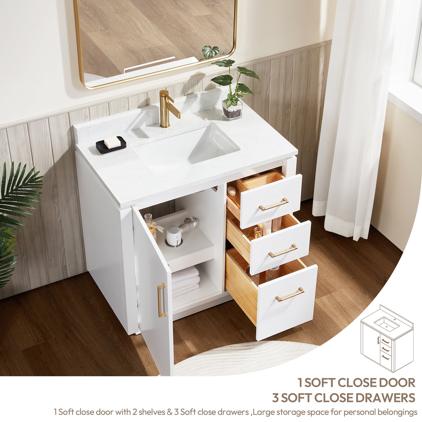 San 36" Free-standing Single Bath Vanity in White with White Grain Composite Stone Top